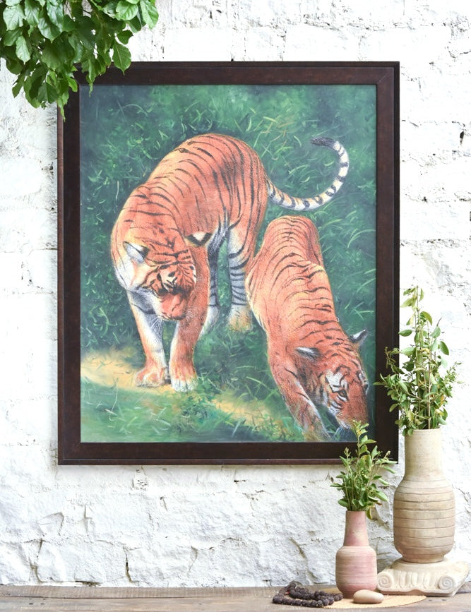 Ekaurr Forest Stroll painting depicting a contemplative figure walking through a forest in dappled green and golden woodland tones, handcrafted nature-inspired home decor for living rooms and meditative interior styling