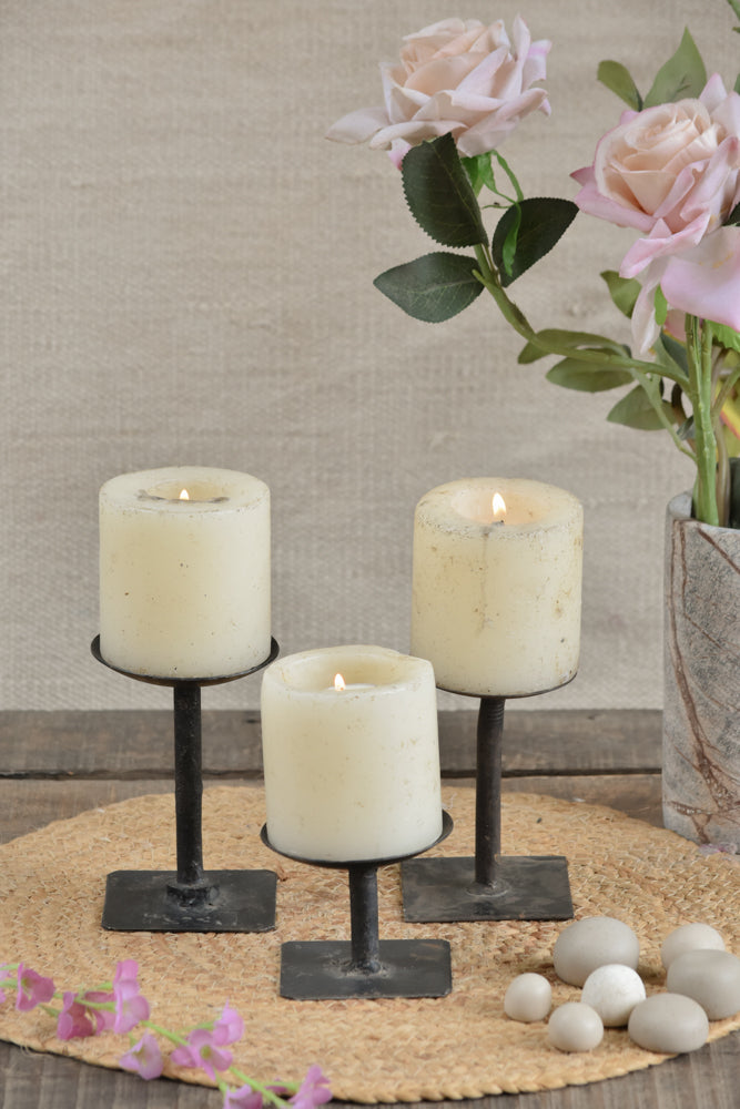 Ekaurr Forge Craft Iron Candle Holder set of 3 hand-forged with square bases and round plates in varying heights, minimalist industrial home décor trio