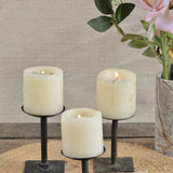 Ekaurr Forge Craft Iron Candle Holder set of 3 hand-forged with square bases and round plates in varying heights, minimalist industrial home décor trio