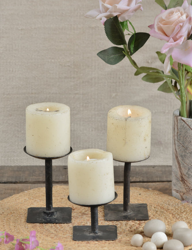 Ekaurr Forge Craft Iron Candle Holder set of 3 hand-forged with square bases and round plates in varying heights, minimalist industrial home décor trio