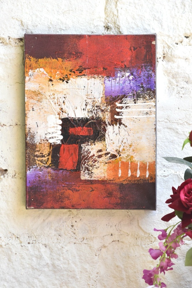Ekaurr Fragments of Flame original abstract painting with layered textures in crimson ochre ivory and violet tones anchored by bold red blocks, handcrafted expressive canvas art for living rooms and contemporary home interiors
