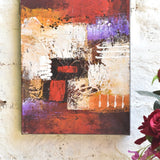 Ekaurr Fragments of Flame original abstract painting with layered textures in crimson ochre ivory and violet tones anchored by bold red blocks, handcrafted expressive canvas art for living rooms and contemporary home interiors