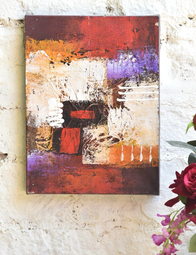 Ekaurr Fragments of Flame original abstract painting with layered textures in crimson ochre ivory and violet tones anchored by bold red blocks, handcrafted expressive canvas art for living rooms and contemporary home interiors