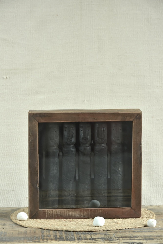 Ekaurr Framed Tribal Dolls Wall Decor handcrafted tribal doll figures mounted in a reclaimed wood frame available with three or five dolls, artisan folk art wall decor for living rooms and heritage-inspired home interiors