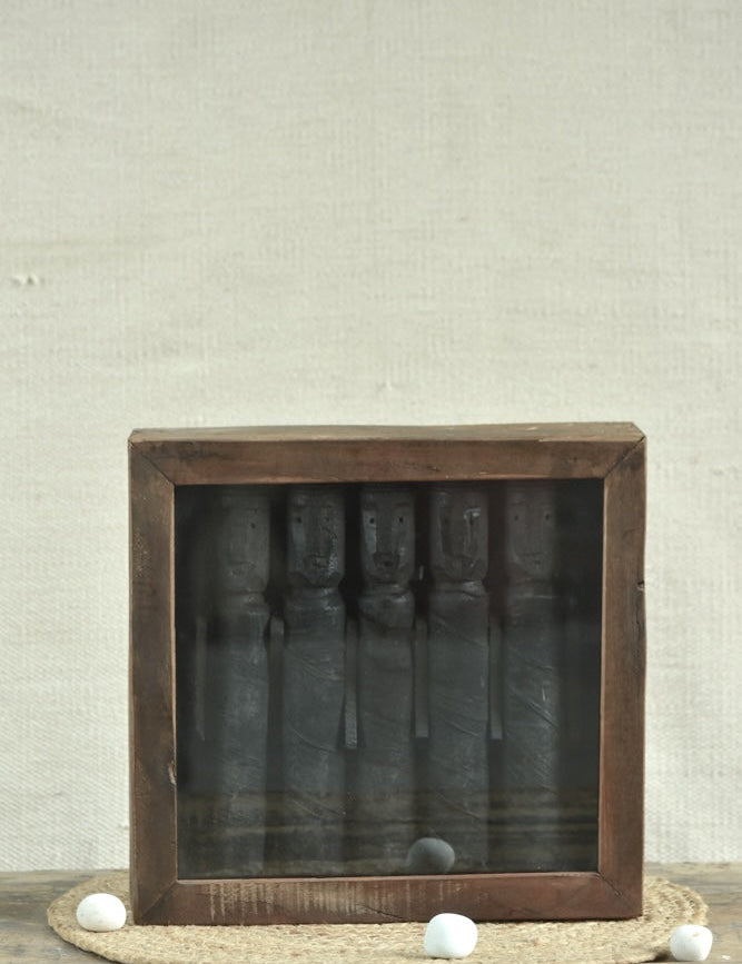 Ekaurr Framed Tribal Dolls Wall Decor handcrafted tribal doll figures mounted in a reclaimed wood frame available with three or five dolls, artisan folk art wall decor for living rooms and heritage-inspired home interiors