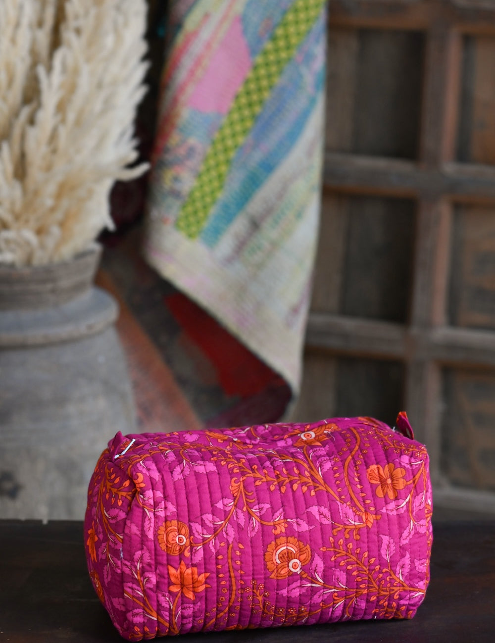 Ekaurr Fuchsia Flora Pouch handcrafted fabric pouch in vibrant fuchsia with floral folk embroidery or print detailing, artisan Indian textile accessory for gifting and everyday use