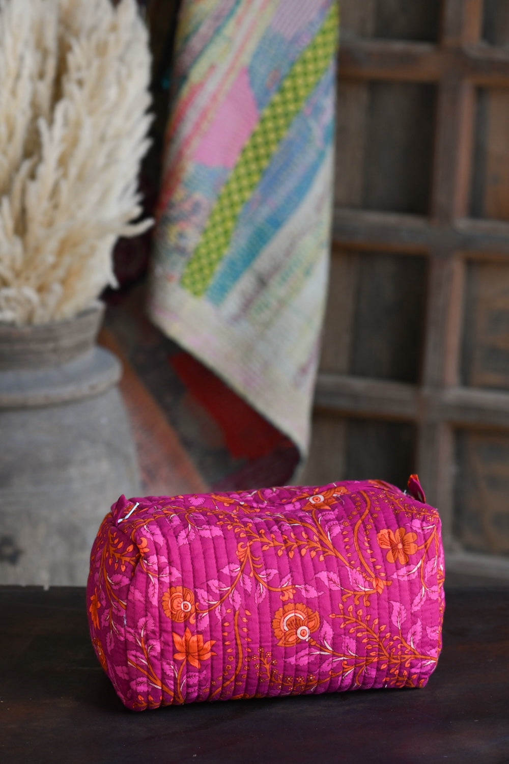 Ekaurr Fuchsia Flora Pouch handcrafted fabric pouch in vibrant fuchsia with floral folk embroidery or print detailing, artisan Indian textile accessory for gifting and everyday use