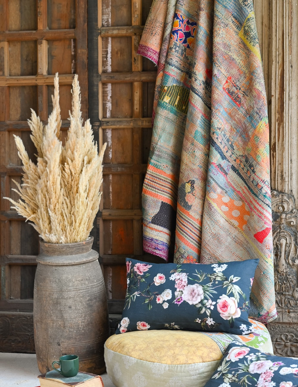 Ekaurr Garden Glow Cushion Cover in Teal handcrafted 18x18 inch cushion cover with a botanical garden motif in fresh teal green and complementary tones, artisan textile accent for sofas and nature-inspired home styling