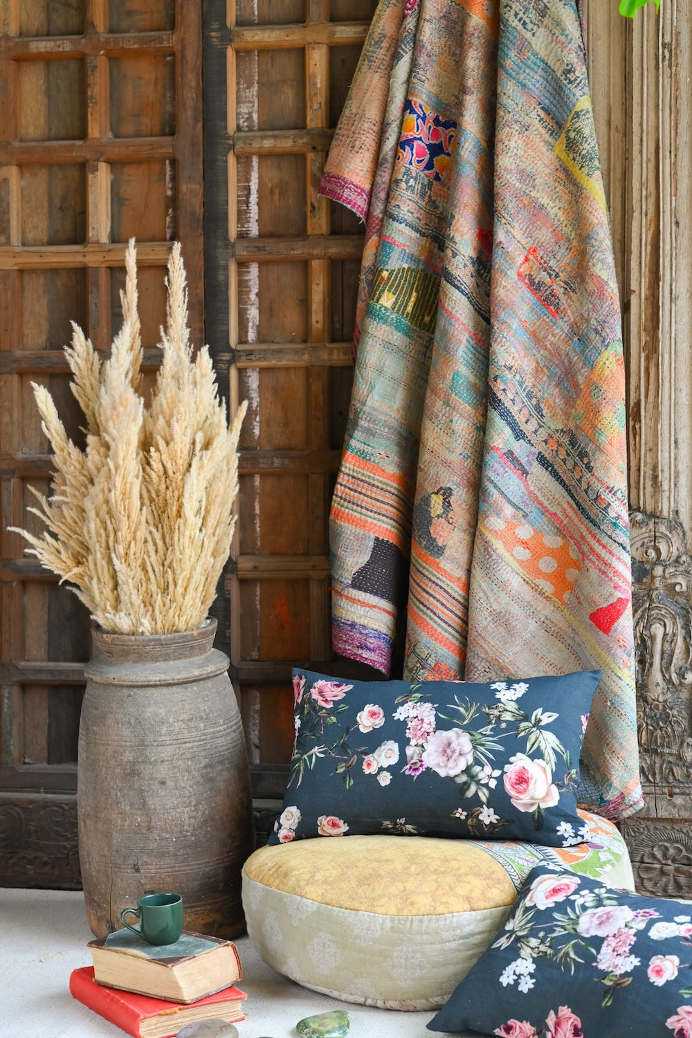 Ekaurr Garden Glow Cushion Cover in Teal handcrafted 18x18 inch cushion cover with a botanical garden motif in fresh teal green and complementary tones, artisan textile accent for sofas and nature-inspired home styling