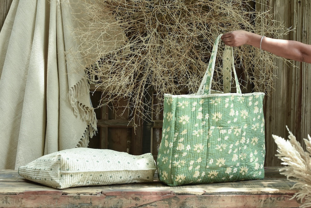 Ekaurr Garden Grab Tote Bag handcrafted fabric tote bag with a botanical garden-inspired print or embroidery, artisan Indian textile accessory for everyday use and nature-inspired conscious styling