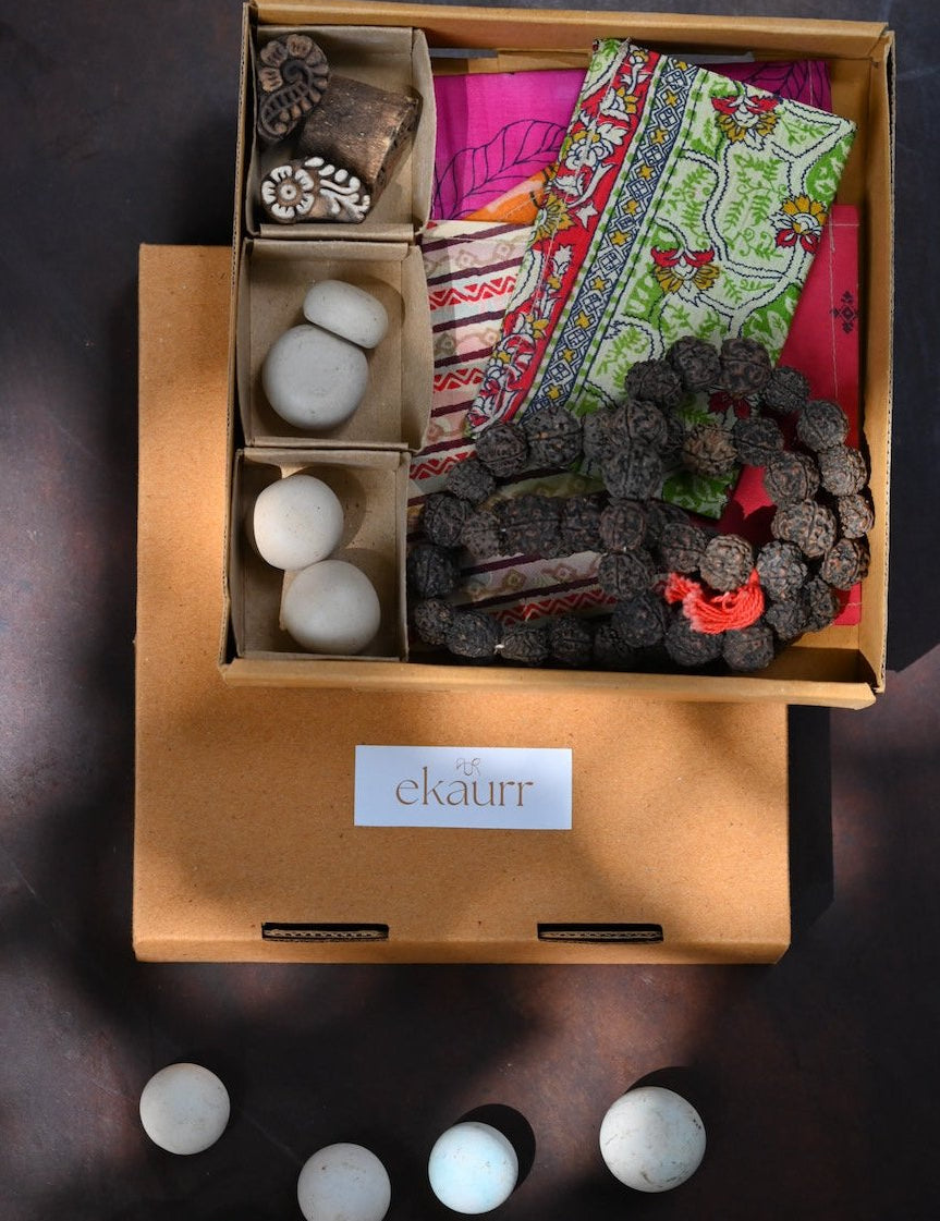 Ekaurr Gem Box curated artisan gift set of gem-like handcrafted treasures in natural stone fabric and wood with complimentary greeting card, sparkling sustainable gifting celebrating the finest of Indian artisan craft for meaningful and festive occasions