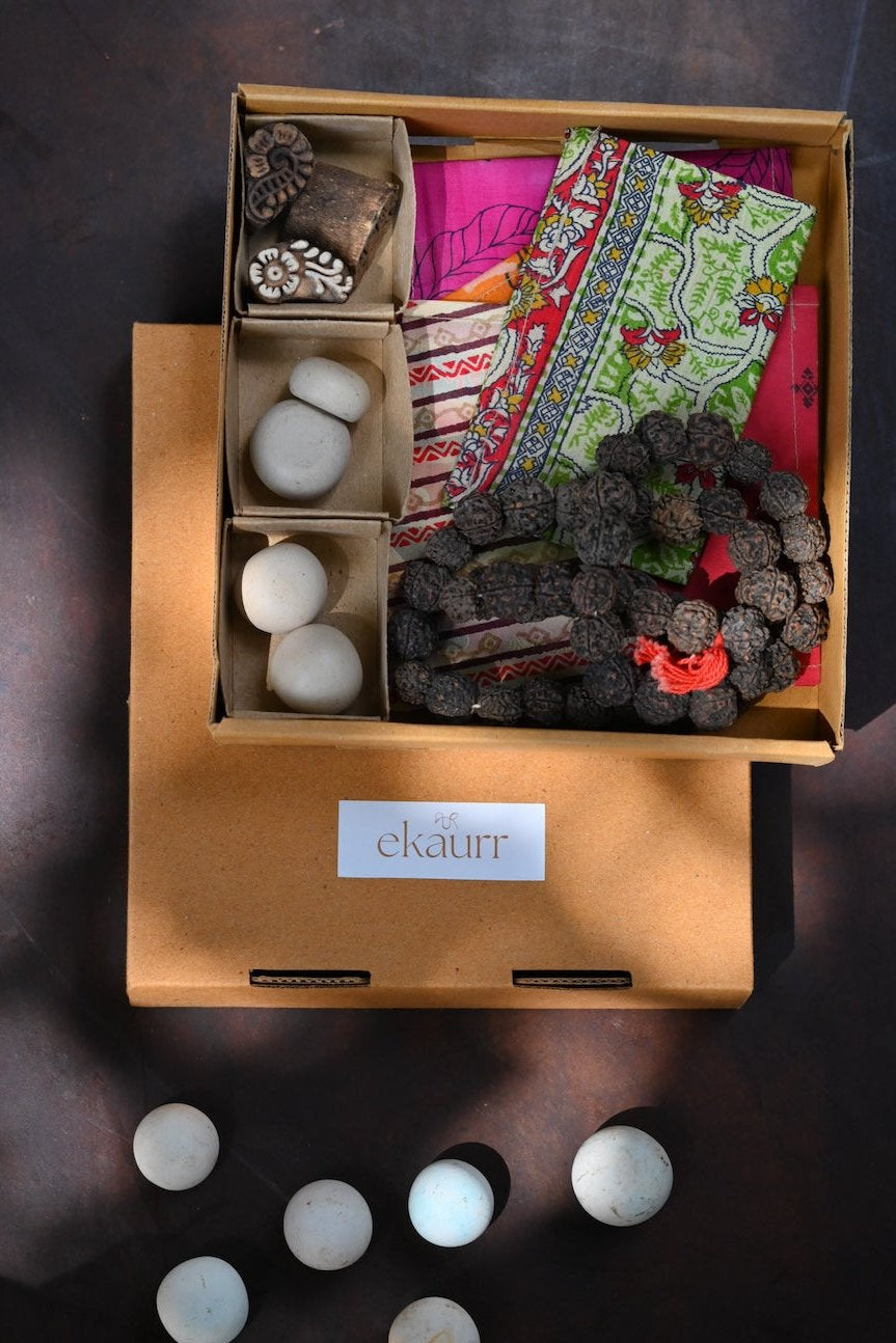 Ekaurr Gem Box curated artisan gift set of gem-like handcrafted treasures in natural stone fabric and wood with complimentary greeting card, sparkling sustainable gifting celebrating the finest of Indian artisan craft for meaningful and festive occasions