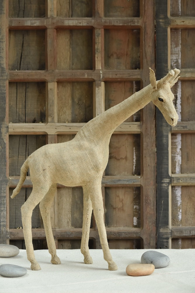 Ekaurr Gentle Giraffe handcrafted jute sculpture of a graceful giraffe in a calm upright stance, earthy natural fibre wildlife figurine for home decor shelves and gifting
