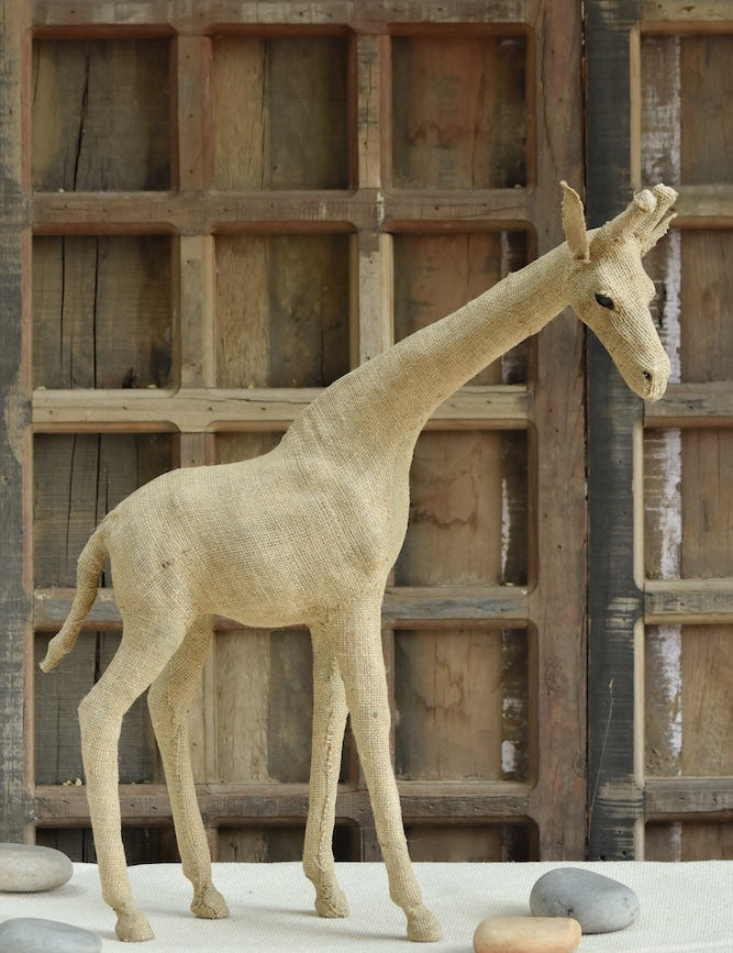 Ekaurr Gentle Giraffe handcrafted jute sculpture of a graceful giraffe in a calm upright stance, earthy natural fibre wildlife figurine for home decor shelves and gifting
