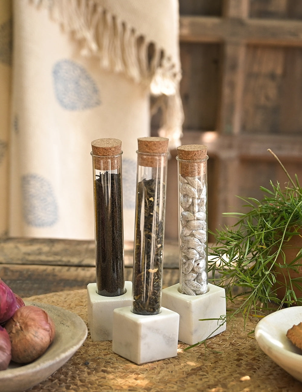Ekaurr Glass Test Tubes on Marble Holders set of 3 clear glass test tube bud vases held in polished marble bases, minimalist artisan table centrepiece for flowers herbs or decorative display
