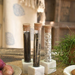 Ekaurr Glass Test Tubes on Marble Holders set of 3 clear glass test tube bud vases held in polished marble bases, minimalist artisan table centrepiece for flowers herbs or decorative display