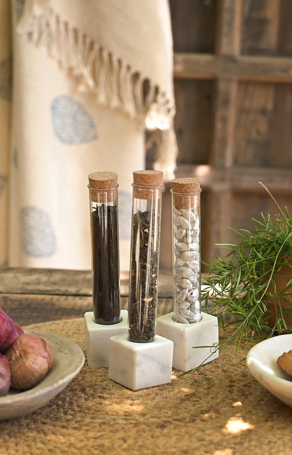 Ekaurr Glass Test Tubes on Marble Holders set of 3 clear glass test tube bud vases held in polished marble bases, minimalist artisan table centrepiece for flowers herbs or decorative display
