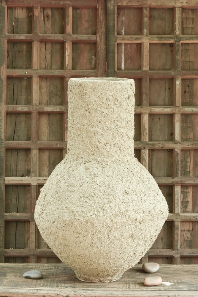 Ekaurr Globular Paper Mache Vase handcrafted from recycled paper by rural Indian women artisans, rounded organic form sustainable decorative vase for shelves or consoles