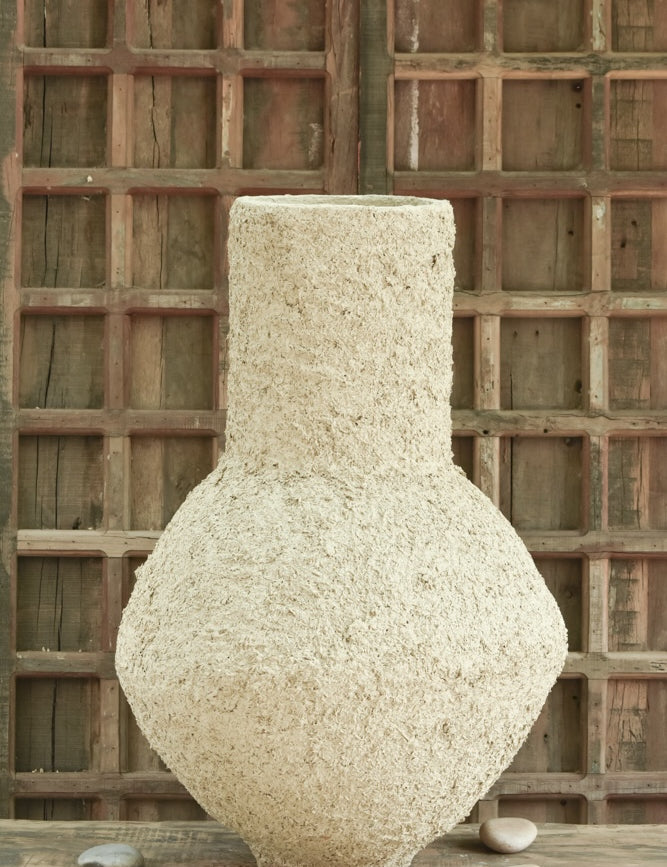 Ekaurr Globular Paper Mache Vase handcrafted from recycled paper by rural Indian women artisans, rounded organic form sustainable decorative vase for shelves or consoles