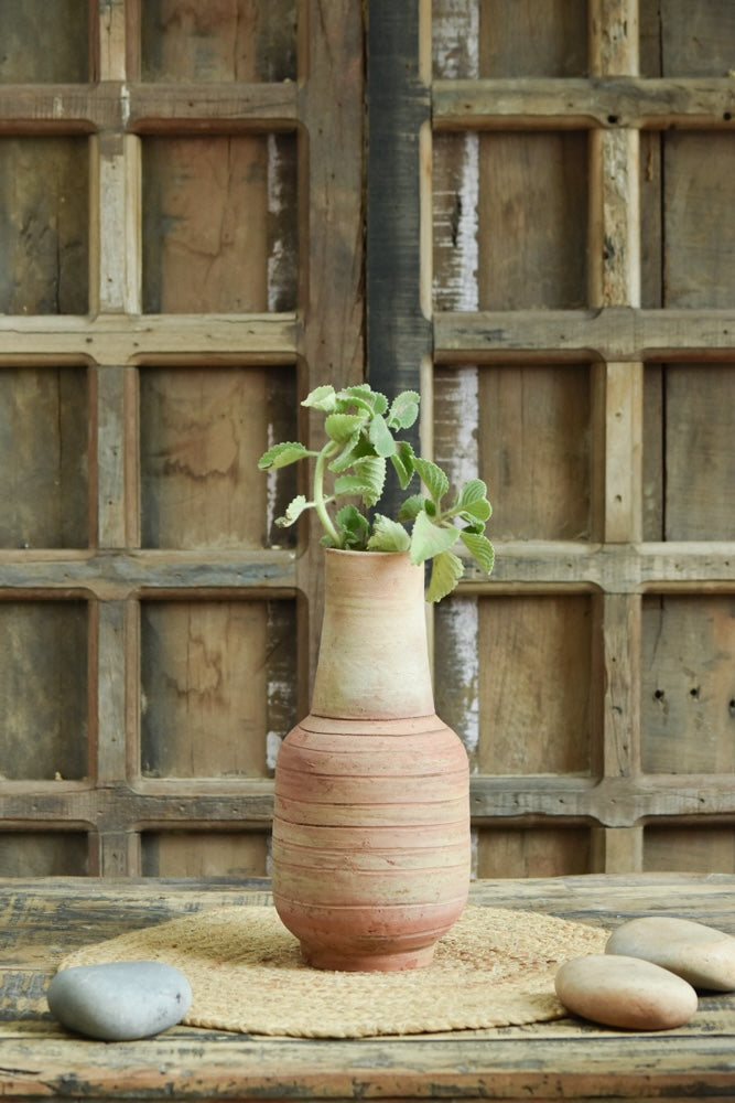 Ekaurr Gola-Neck Terracotta Planter handmade by rural Indian women artisans with rounded globe body and distinct narrow neck form, earthy terracotta for indoor plants
