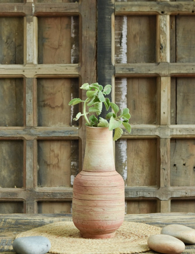 Ekaurr Gola-Neck Terracotta Planter handmade by rural Indian women artisans with rounded globe body and distinct narrow neck form, earthy terracotta for indoor plants