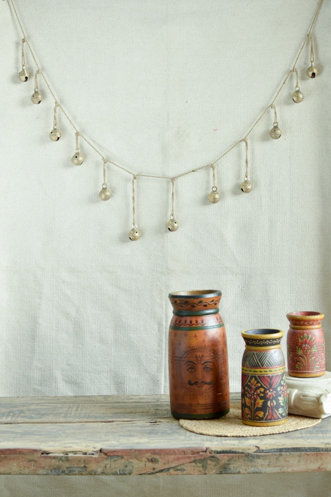 Ekaurr Golden Chime Brass Bells Decor 72-inch bunting of vintage handcrafted brass bells with golden patina and gentle chime, auspicious wall hanging for entryways altars and festive home decor