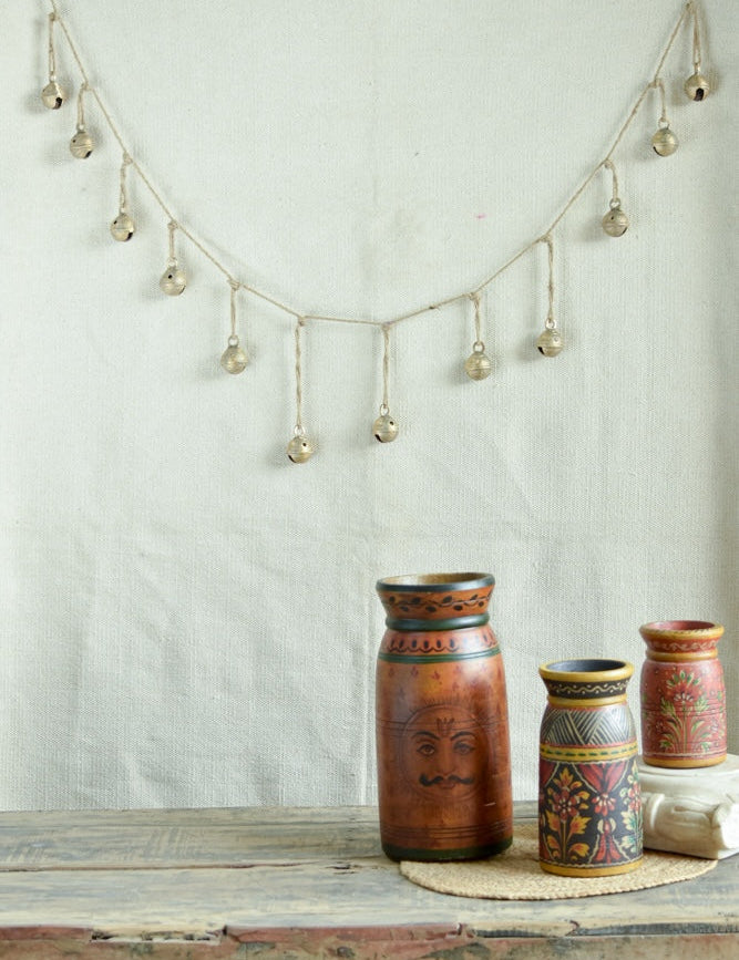 Ekaurr Golden Chime Brass Bells Decor 72-inch bunting of vintage handcrafted brass bells with golden patina and gentle chime, auspicious wall hanging for entryways altars and festive home decor