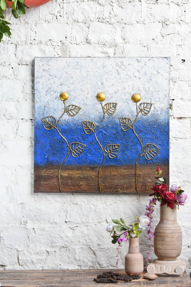 Ekaurr Golden Sprout Garden mixed-media wall art depicting organic sprouting botanical forms in gold and earth tones with embossed textured surface, handcrafted nature-inspired home decor for living rooms and hallways