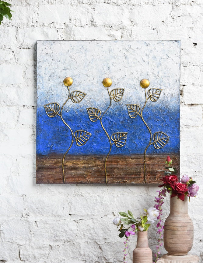 Ekaurr Golden Sprout Garden mixed-media wall art depicting organic sprouting botanical forms in gold and earth tones with embossed textured surface, handcrafted nature-inspired home decor for living rooms and hallways