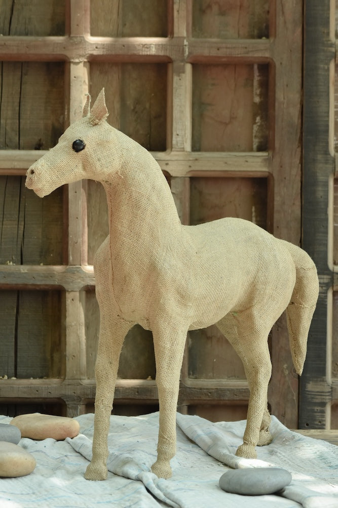 Ekaurr Grace Horse handcrafted jute horse sculpture in an elegant graceful stance, earthy natural fibre artisan animal figurine for home decor shelves and gifting