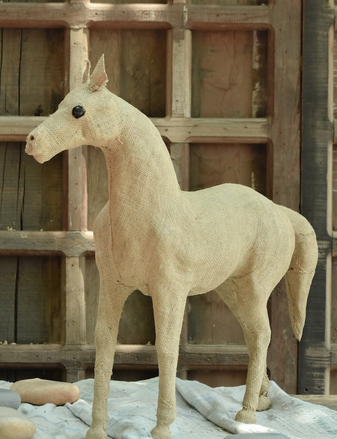 Ekaurr Grace Horse handcrafted jute horse sculpture in an elegant graceful stance, earthy natural fibre artisan animal figurine for home decor shelves and gifting