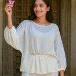 Ekaurr BIGDI Grace White Cotton Top finest cotton summer top in clean crisp white with a graceful minimal silhouette, artisan slow fashion top for women from the BIGDI summer pastel collection