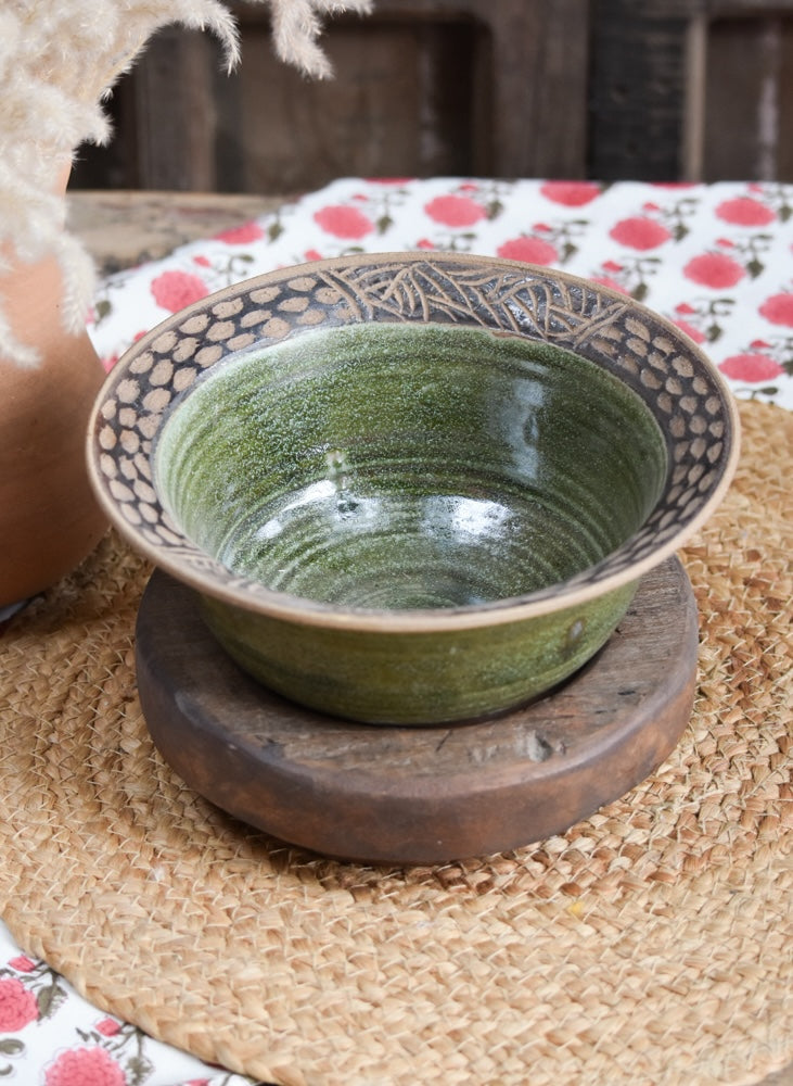 Ekaurr Green Serving Bowl handmade ceramic serving bowl in fresh earthy green glaze with organic hand-thrown form, artisan kitchen essential for dining and nature-inspired table styling