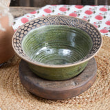 Ekaurr Green Serving Bowl handmade ceramic serving bowl in fresh earthy green glaze with organic hand-thrown form, artisan kitchen essential for dining and nature-inspired table styling
