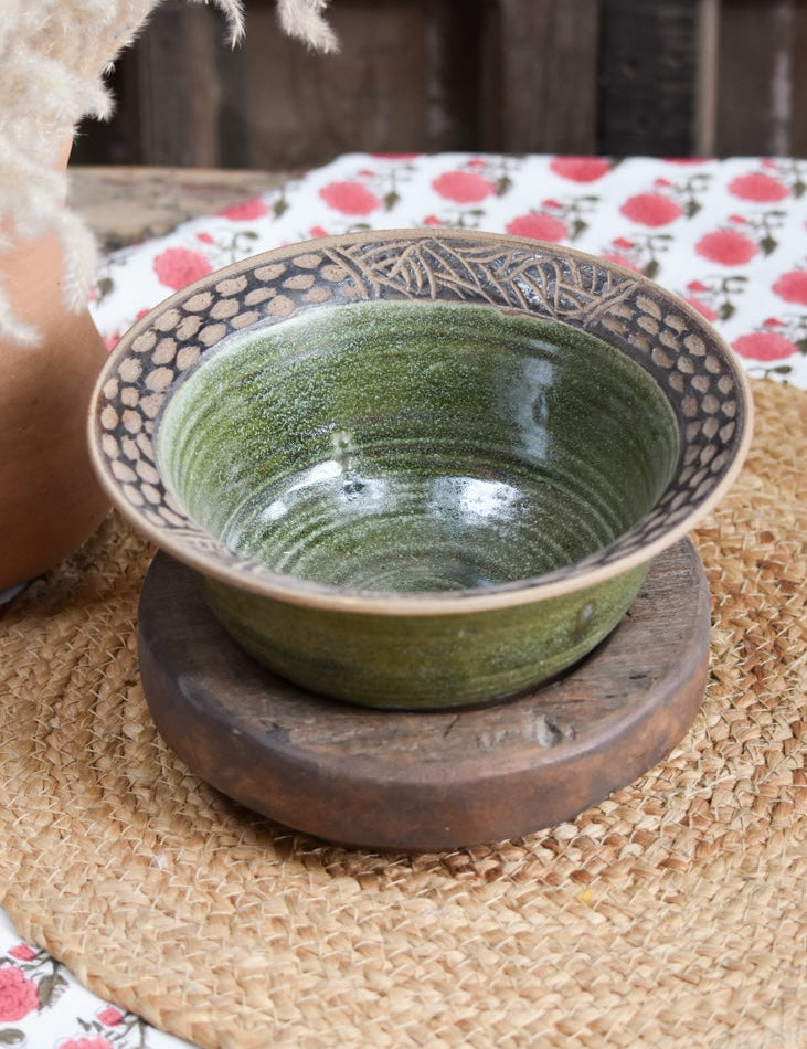 Ekaurr Green Serving Bowl handmade ceramic serving bowl in fresh earthy green glaze with organic hand-thrown form, artisan kitchen essential for dining and nature-inspired table styling