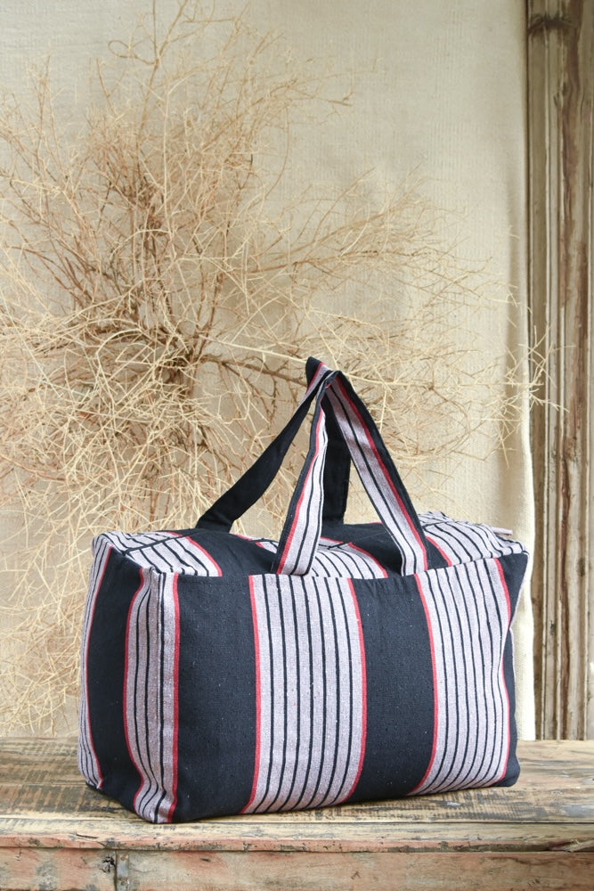 Ekaurr Grey Black Fabric Picnic Bag handcrafted quilted cotton picnic tote in sophisticated grey and black with a spacious structured form, artisan Indian textile bag for picnics outings and smart everyday use