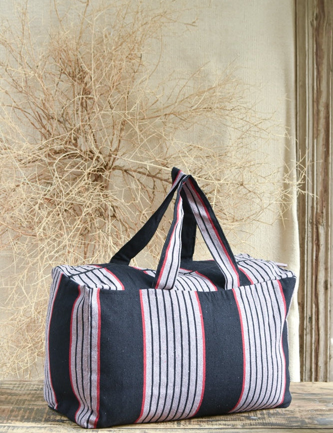 Ekaurr Grey Black Fabric Picnic Bag handcrafted quilted cotton picnic tote in sophisticated grey and black with a spacious structured form, artisan Indian textile bag for picnics outings and smart everyday use