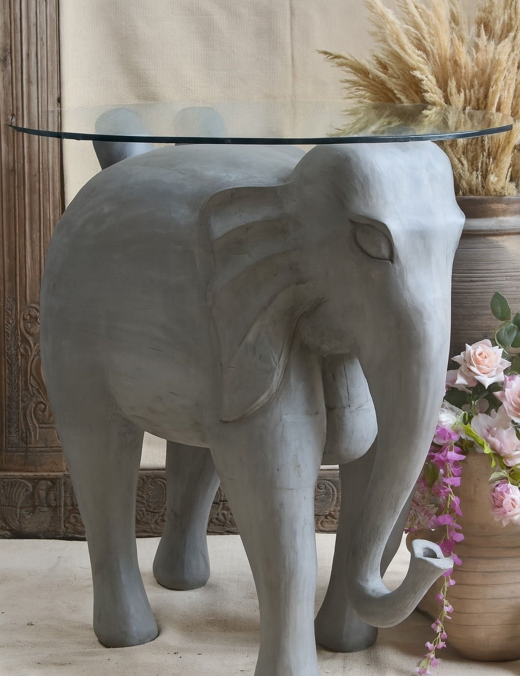 Side profile of Ekaurr Grey Sentinel Elephant decorative figurine showcasing sculpted detail and matte grey finish
