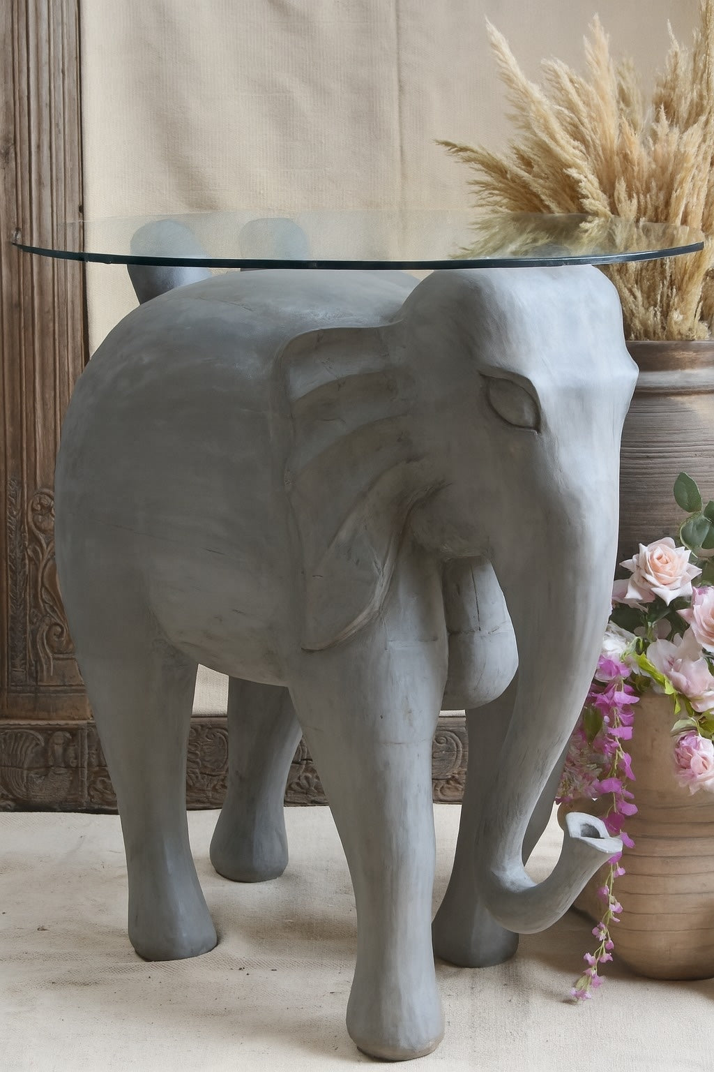 Side profile of Ekaurr Grey Sentinel Elephant decorative figurine showcasing sculpted detail and matte grey finish