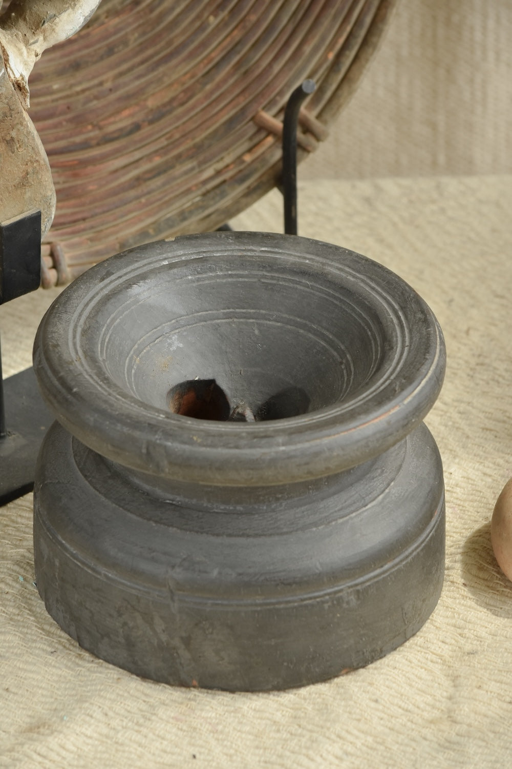 Ekaurr Grey Finish Bijani wooden decor piece showing hand-carved detailing and natural imperfections, sustainable repurposed traditional Indian artefact
