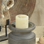 Ekaurr Grey Finish Bijani Decor crafted from vintage Indian seed dispensers with grey patina finish and iron candle plate, upcycled heritage decorative piece