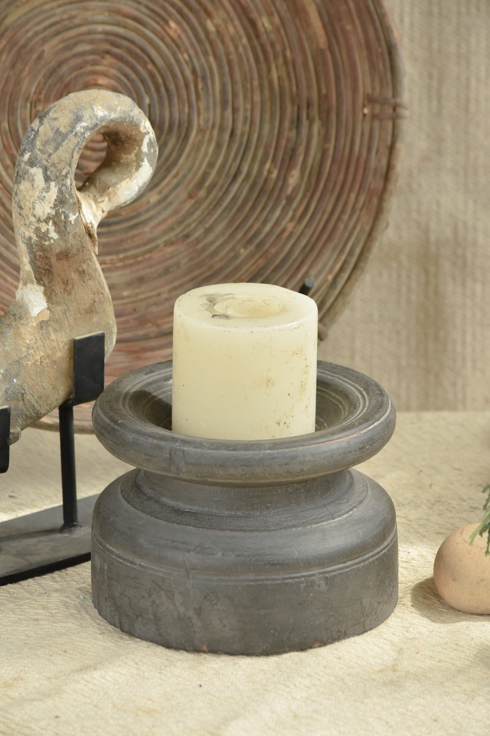 Ekaurr Grey Finish Bijani Decor crafted from vintage Indian seed dispensers with grey patina finish and iron candle plate, upcycled heritage decorative piece