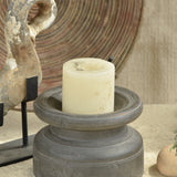 Ekaurr Grey Finish Bijani Decor crafted from vintage Indian seed dispensers with grey patina finish and iron candle plate, upcycled heritage decorative piece