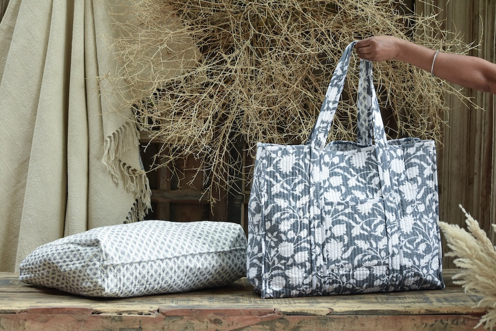 Ekaurr Grey Grace Tote Bag handcrafted block-printed or quilted cotton tote in soft sophisticated grey with graceful minimal detailing, artisan Indian textile bag for everyday use and contemporary conscious styling