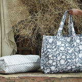 Ekaurr Grey Grace Tote Bag handcrafted block-printed or quilted cotton tote in soft sophisticated grey with graceful minimal detailing, artisan Indian textile bag for everyday use and contemporary conscious styling