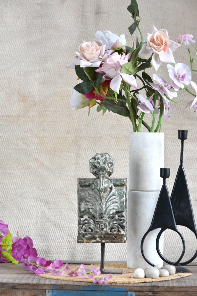 Ekaurr The Guardian Pillar Bracket Decorative Stand hand-carved wood column with curling foliage motifs and architectural crown detailing, rustic heritage riser for sculptures or display accents