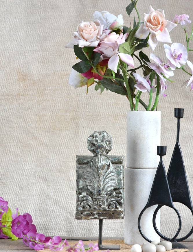 Ekaurr The Guardian Pillar Bracket Decorative Stand hand-carved wood column with curling foliage motifs and architectural crown detailing, rustic heritage riser for sculptures or display accents