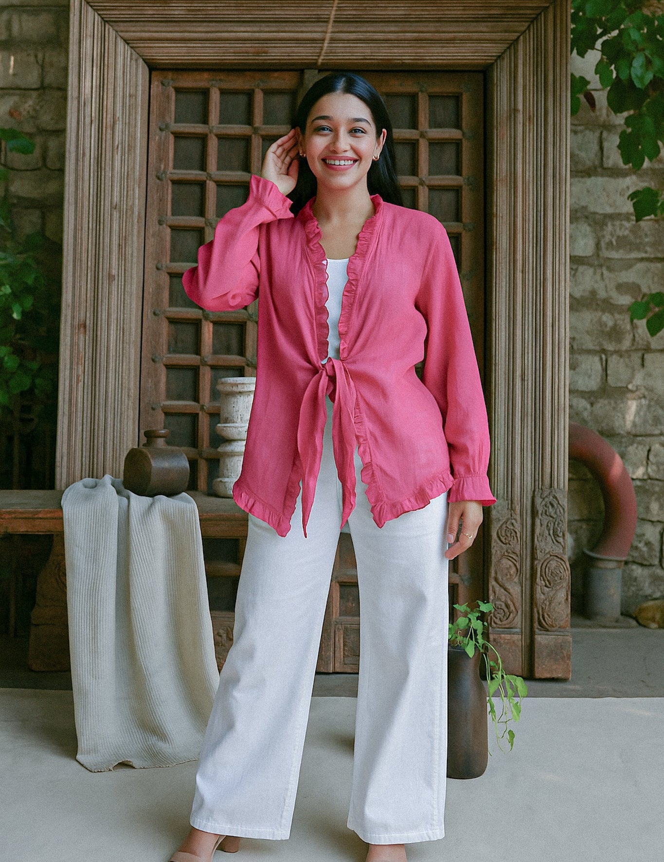 Ekaurr BIGDI Gul Frill Knot Cotton Top finest cotton summer top with a flower-inspired frill and front knot tie detail in soft pastel tones, artisan slow fashion top for women from the BIGDI summer collection