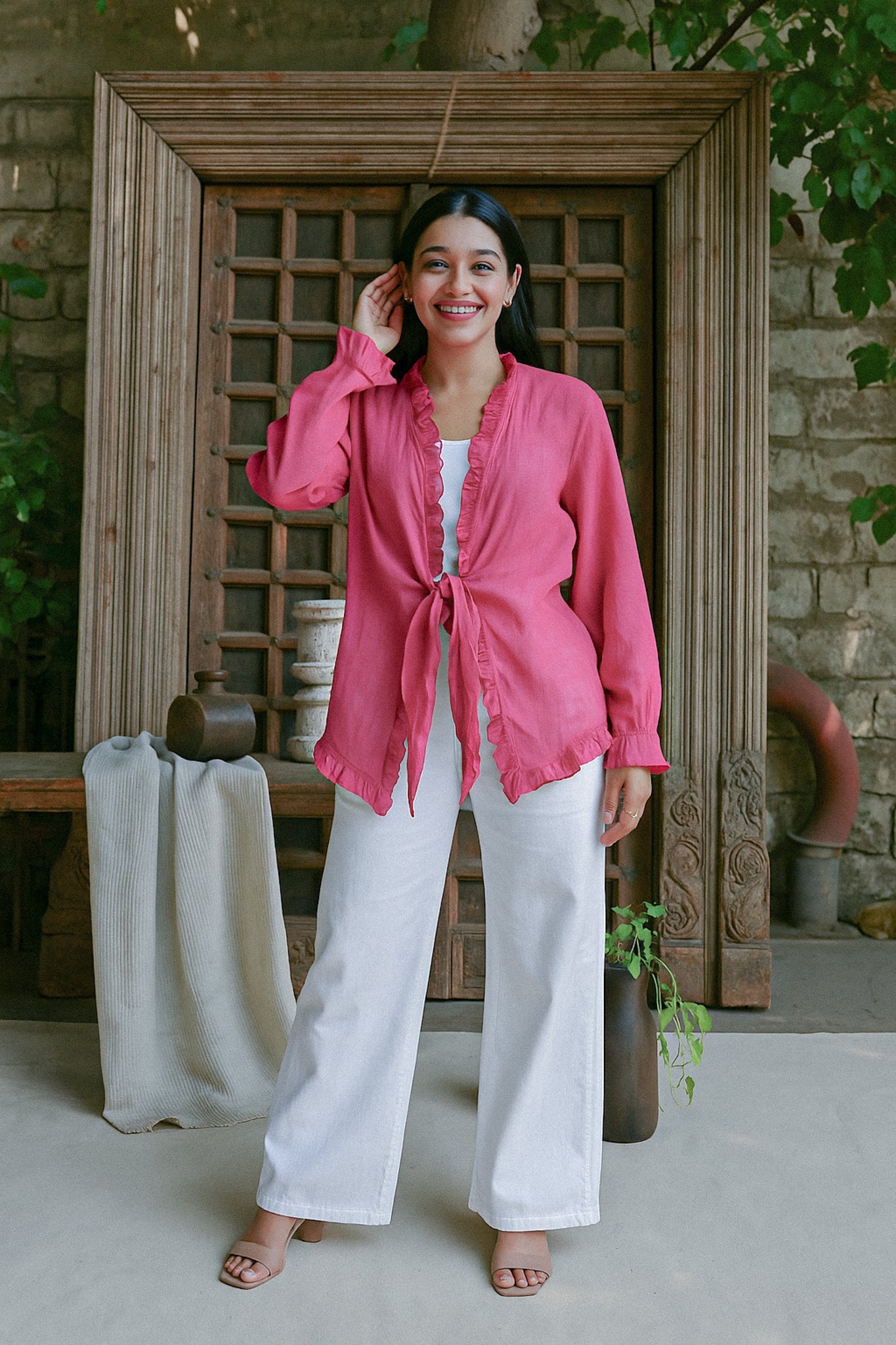Ekaurr BIGDI Gul Frill Knot Cotton Top finest cotton summer top with a flower-inspired frill and front knot tie detail in soft pastel tones, artisan slow fashion top for women from the BIGDI summer collection