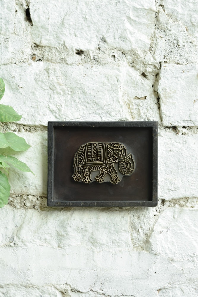 Ekaurr Haathi Impressions Vintage Brass Print Block Wall Art with detailed elephant motif, authentic textile printing block mounted on rustic wooden frame, Indian heritage décor